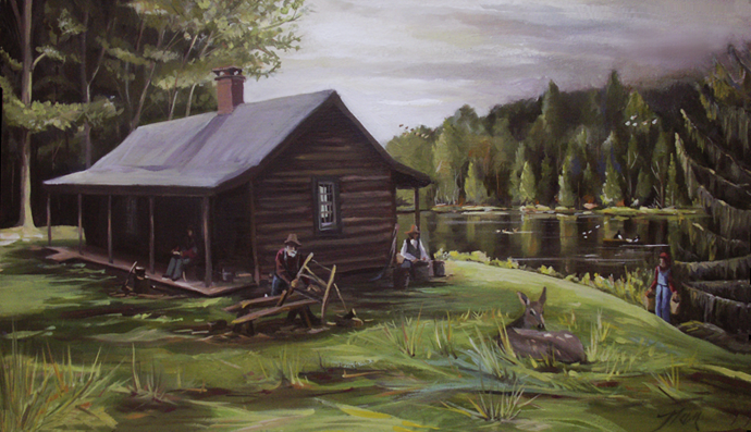 Log Cabin by Lake, Oil on Canvas, 20 x 11 Log Cabin by Lake, Oil on Canvas, 20 x 11