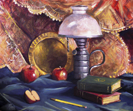 Lamp with Apples, Oil on Canvas, 16 x 13
