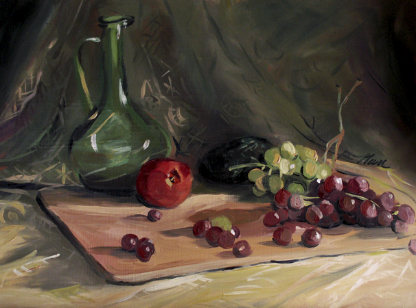 Bottle, Avocado and Grapes, Oil on Canvas, 14 x 11 Bottle, Avocado and Grapes, Oil on Canvas, 14 x 11
